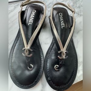 Authentic Chanel black and silver CC leather sandals
